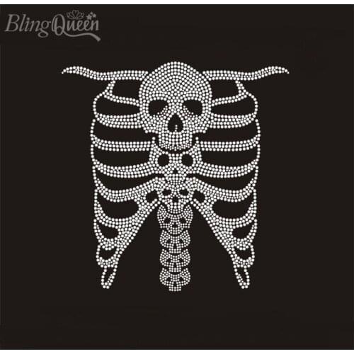 BlingQueen 25PCS/LOT RibCage Skeleton Iron On Bling Tansfers Hot Fix Rhinestone Motifs Iron On Rhinestone Applique