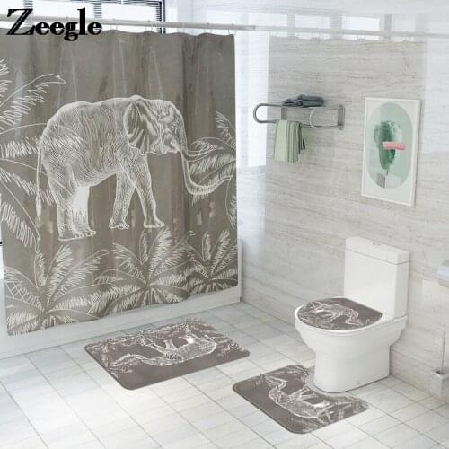 Printing Home Decor Bath Mat and Waterproof Shower Curtain Set Bathroom Carpet Rug Anti-slip Foot Mat Toilet Seat Cover Mat Set