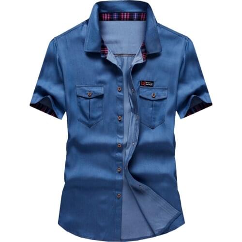 Denim Shirt Men Cotton Jeans Shirt Fashion Summer Slim Short Sleeve Cowboy Shirt Stylish Wash Slim Tops Plus Size L-6XL