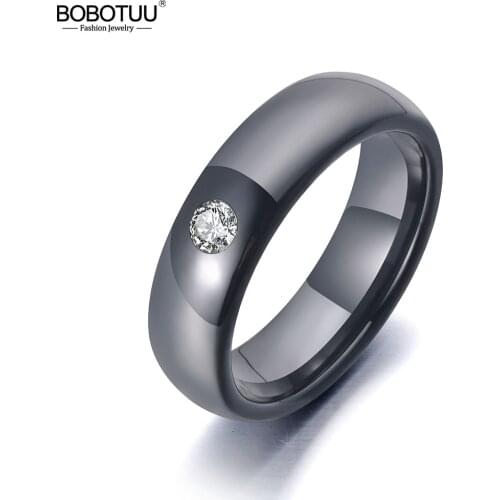 BOBOTUU Trendy Office Style Black Ceramic Crystal Wedding Ring Jewelry For Women Stainless Steel Rhinestone Girls' Ring BR19070
