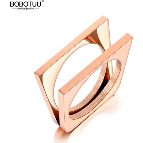 BOBOTUU Original Design Trendy Stainless Steel Wedding Rings For Women Girls Rose Gold CZ Crystal Geometric Ring Jewelry BR20010