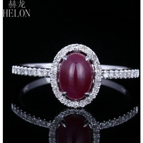 HELON Solid 14K White Gold AU585 Oval Cut 7x5mm Red Ruby & Diamond Engagement Ring For Women Birthday Anniversarry Best Gift