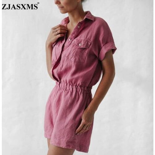 Spring Elastic Waist Button Shorts Jumpsuit Women Turn-down Collar Cotton Shirt Romper Summer Short Sleeve Pocket Beach Overalls