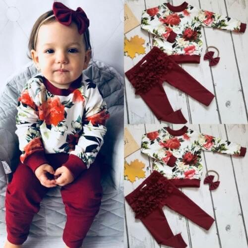 0-24M Newborn Baby Kid Girl Floral Clothes Set Pudcoco 3PCS Long Sleeve Tops T-Shirt Pants Legging Outfits Wholesale