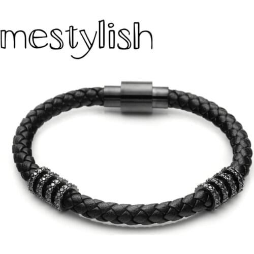 Mestylish 6mm Genuine Leather Bracelet Stainless Steel Magnetic Clasp Bracelet Micro Paved Cubic Zircon Slider Bracelet Jewelry