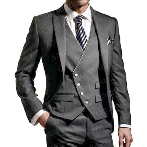 Gray Men Suits Prom Tuxedo Vest Pants Slim Fit 3 Pieces Set Groom 2021 Wedding Suits For Men Custom Made Blazer Terno Masuclino