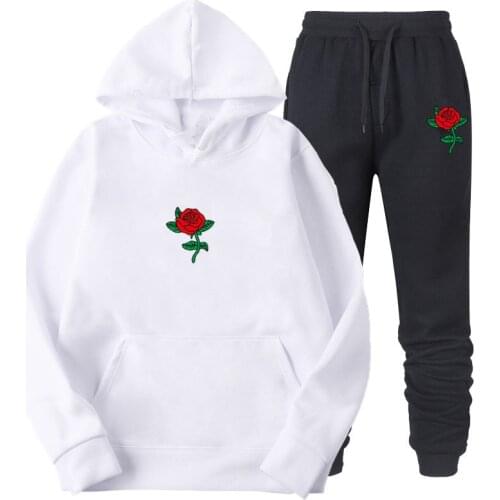 2020 Men Hoodies Suit Rose Flower Tracksuit Sweatshirt Fleece Hoody+Sweat Pants Jogging Homme Pullover 3XL Sporting Set Male