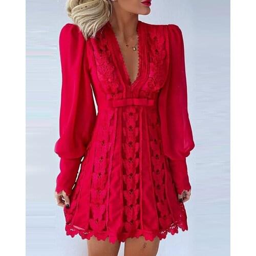 2021 New Women Autumn Boho Fashion Elegant Dresses Sexy V Neck Solid Sheer Mesh Long Puff Sleeve Butterfly White Lace Mini Dress