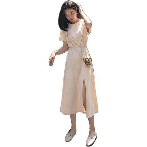 Solid crew neck 2021 new womens dress French waist show slim medium length short sleeve skirt and knee dress