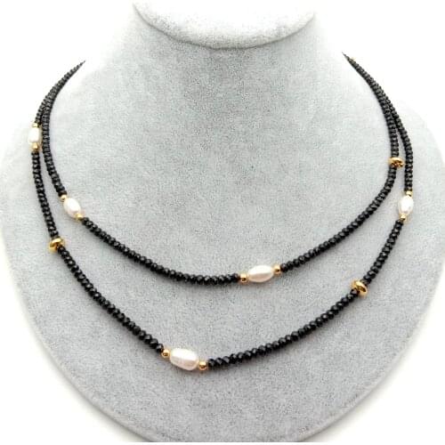 YYGEM 2Strands Natural Genuine faceted Rondelle black Spinel Cultured white freshwater Pearl choker Necklace 17" for women