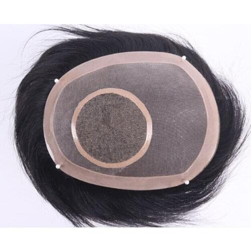 Mens Toupee 6 Inch Natural Remy Human Hair Silk top with Mono Swiss Lace Thin PU Durable Men Wig Hairpiece Replacement Systems