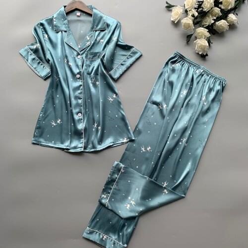 Spring Summer Short-Sleeved Trousers Lapel Home Suit Ice Silk Printed Pajamas Home Korean Edition Casual Sleep Set 2PCS Пижам