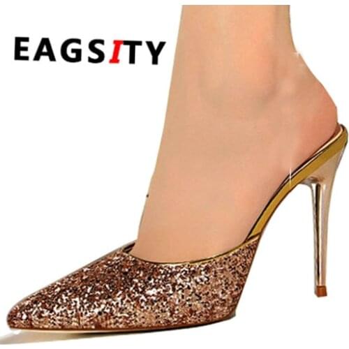 Sequined bling sex stiletto heels pump women shoes slides slipper mules ladies dress shoes backless slides silver golden