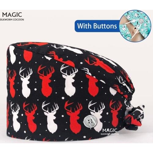 Scrubs Caps with Sweat-absorbent Cartoon Tooth Printing Caps Pet Club Dust Proof Work Hats Men and Women Beautician Working Caps