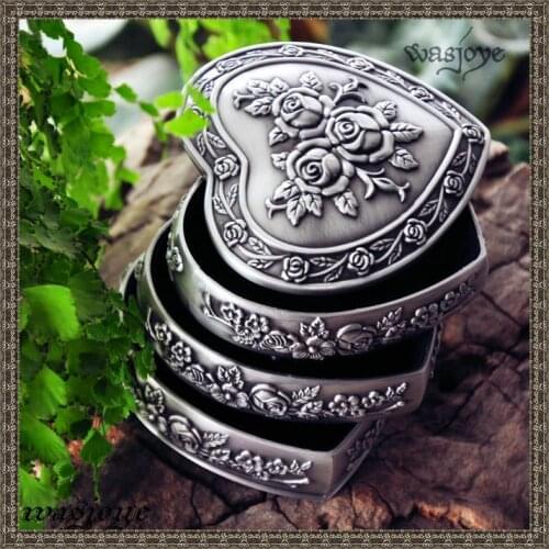 Zinc alloy metal Jewelry Box 3 Layers with Rose Flower Design Vintage Gift Trinkets Case Heart Shaped Jewelry storage box Z030