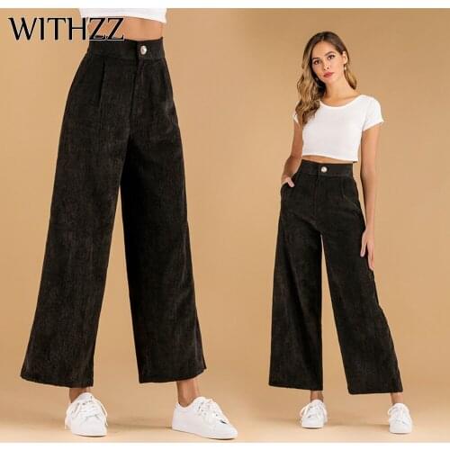 WITHZZ Corduroy Pants Womens Autumn and Winter Casual Mid Waist Wide Leg Pants Trousers