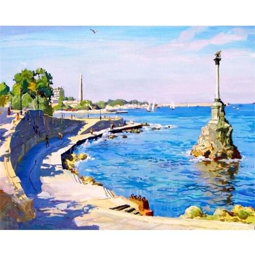 Landscape Seaside Town Printed Water-Soluble Canvas 11CT Cross-Stitch Full Kit DIY Embroidery DMC Threads Mulina