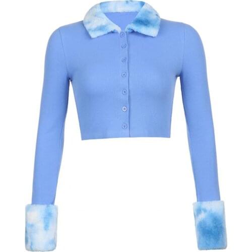 Womens Clothing Women Furry Turn-down Collar Buttons Cardigan Long Sleeve Knit Blouse Crop Top 2021