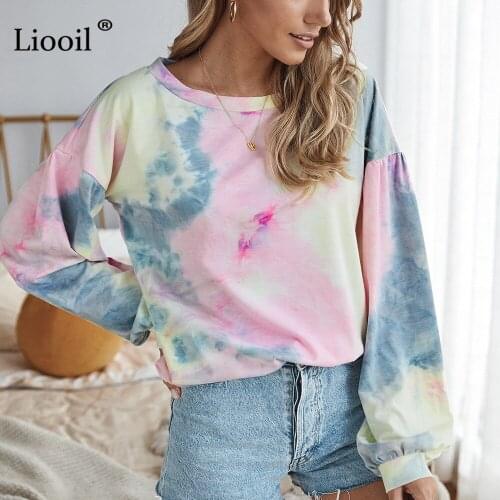 Liooil Casual Print Tie Dye Shirt Women 2020 Autumn Long Sleeve Lantern Sleeve O Neck Loose Women Fall Clothes Top And Blouses