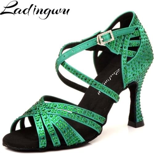 Ladingwu Turquoise Rhinestones Latin Dance Shoes Indoor Sports Dance Shoes Comfortable Soft Bottom Salsa Multiple Colors Choose
