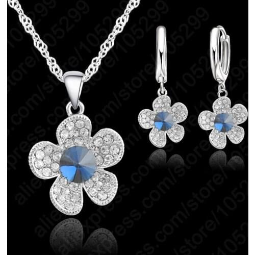 925 Sterling Silver Cubic Zircon Crystal Woman Necklace Earring Jewelry Gift Set Beautiful Flower Design Party Jewelry