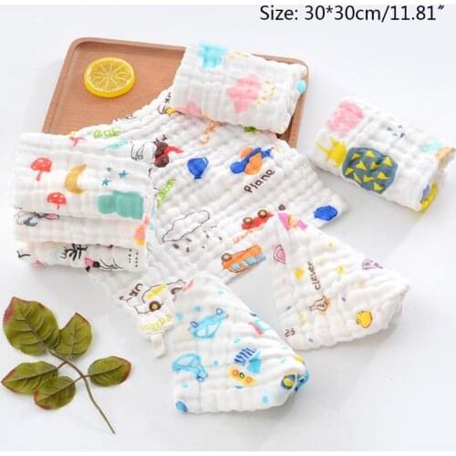10 Pcs/Set Baby Muslin Washcloth with Printed Design Newborn Handkerchief Cotton Gauze Infant Face Towel Wholesale