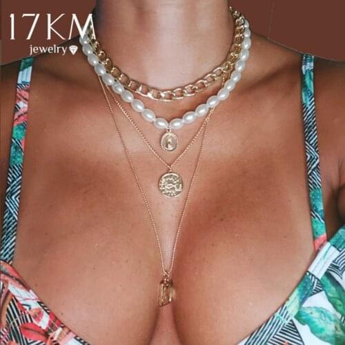 Bohemian Multi-Layered Pearl Pendant Necklace Punk Geometric Square Coin Crystal Pendant Necklace Women 2021 Trendy Jewelry