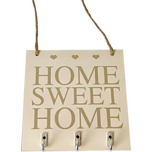 Decorative Wall Home Sweet Rustic White Wood Hanging Plaque Sign With Hooks Key Hanger Gift