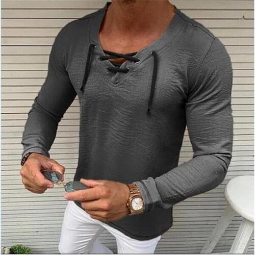 Autumn Fashion T-Shirt Men Slim Fit V-Neck Tops Vintage Baggy Long Sleeve Tee Muscle Tee T-shirt Casual Linen Tops