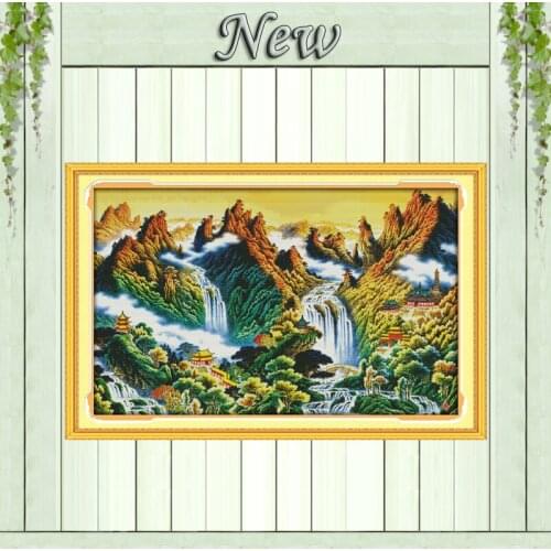 Mountain stream river famous scenery decor Counted print on fabric DMC 14CT 11CT DIY Embroidery Set Cross Stitch Needlework kits