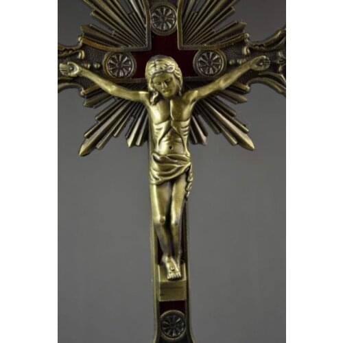 Exquisito chino viejo cobre Jesús en el soporte de Cruz para la estatua especial de redención