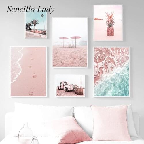 Pink Beach Ocean Palm Tree Landscape Canvas Painting Seascape Wall Art Poster Print Nordic Picture Home Living Room Decoration