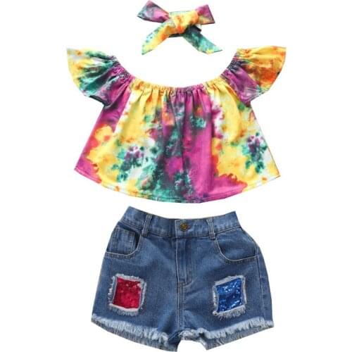 2021Summer Girls One Word Shoulder Short-Sleeved Denim Ripped Pants Suit Two-Piece Baby Print Top Casual Clothes+Head wear2-6y