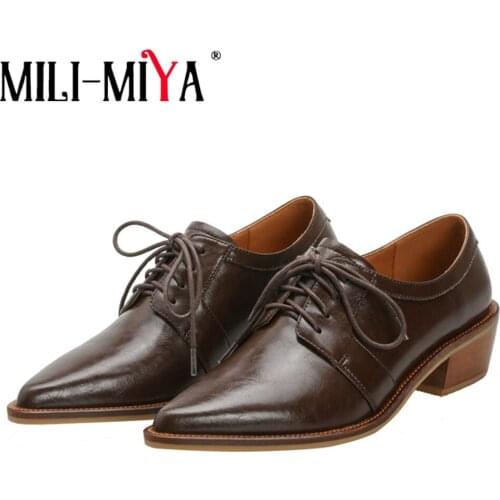 MILI-MIYA Fashion Pointed Toe Lace Up Women Cow Leather Pumps Solid Color Thick Heels Office Career Spring Autumn Shoes Handmade