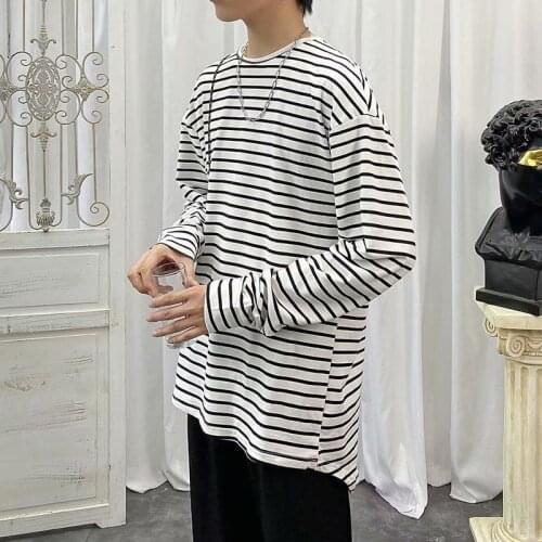 Long Sleeve Mens T Shirt Autumn Striped Round Neck Korean Fashion Harajuku High Street America Style Hip Pop Male Clothing