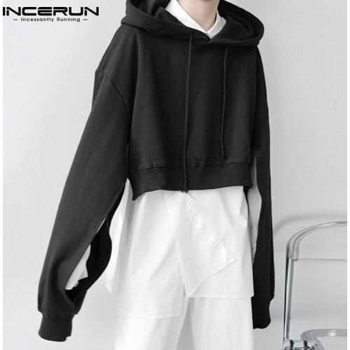 2021 Men Sweatshirts Hooded Split Long Sleeve Streetwear Loose Casual Crop Hoodies Men Solid Color Fashion Pullovers INCERUN 7