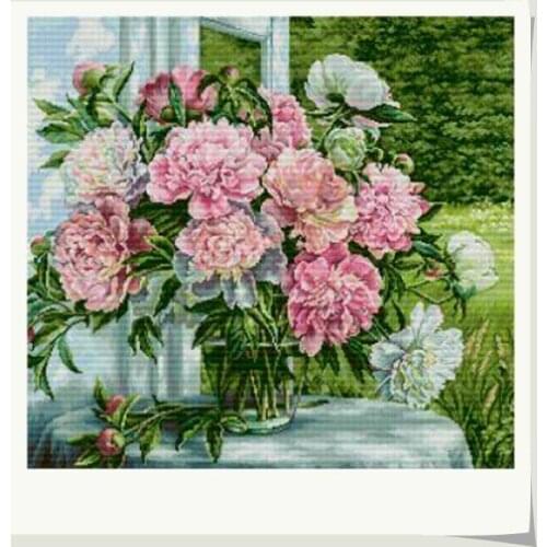 Peony Vase by the Window Flower Cross Stitch Kits Top Quality Embroidery Needlework 14CT Unprinted DIY Handmade Art Home Decor