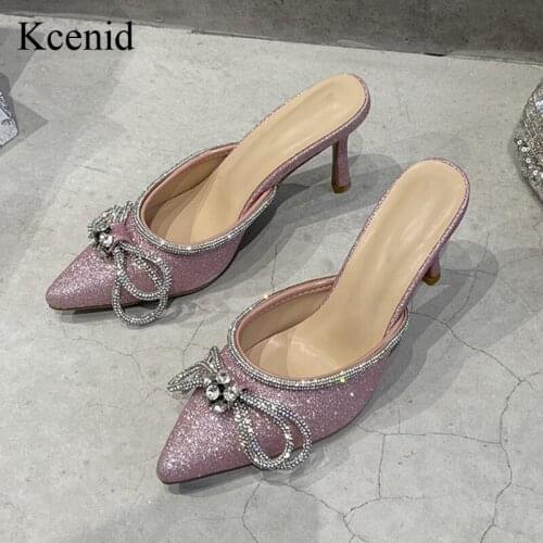 Kcenid Bling Bling Sequins High Heel Slippers Women Sexy Pointed Toe Crystal Bowtie Design Sandals Summer Sexy Party Shoes Mules