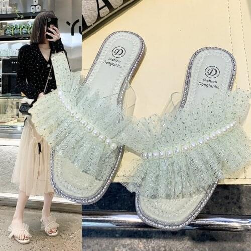 2021 Summer Pearl Lace Slippers Women Casual Outdoor Beach Shoes Luxury Flat Rubber Fashion Korean Version Slippers