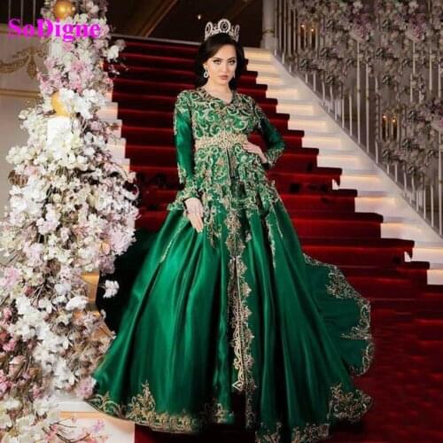 SoDigne Arabic Muslim Evening Dress Elegant V Neck Long Sleeves Gold Embroidery Prom Gown Plus Size Women Party Formal Dress