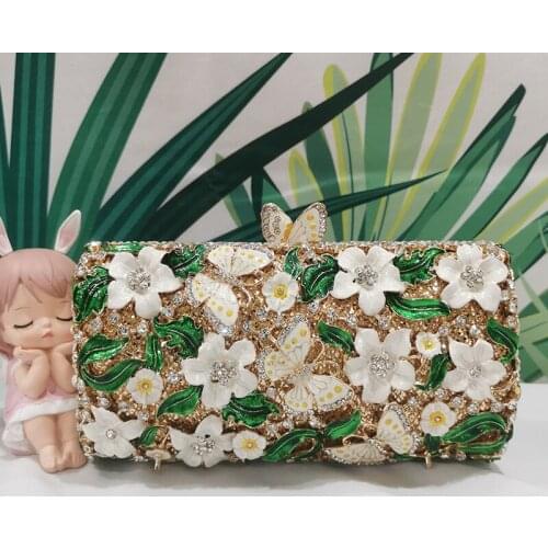 WHTUOHENG White Flower Green Leaves Evening Bags Clutch Wedding Purse Luxury Elegant Women Rhinestone Clutches Money Handbags