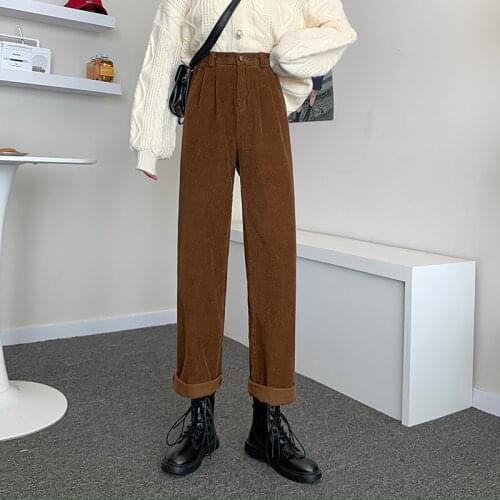 Lucyever Vintage Corduroy Pants Winter Women Korean Elastic High Waist Cotton Full Length Pants Casual Black Loose Trousers 2020