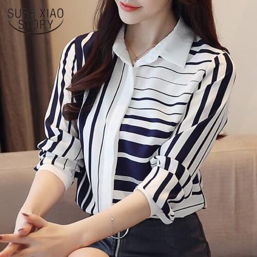 2021 Spring Chiffon Korean Women Full Sleeve Shirts Female Turn-down Collar Blouses New Slim Shirts Striped Women 6108 50