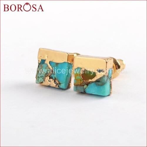BOROSA 5/10Pairs Gold Color 7mm Square Copper Natural Turquoises Stud Earrings Natural Blue Stone Earrings for Women G1648