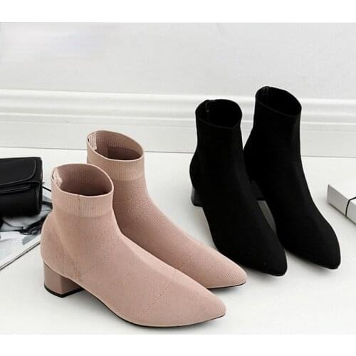 Women Knitting Elastic Ankle Boots Autumn Square Middle Heels Female Pointed Toe Short Sock Boot Ladies Casual Fashion Shoes