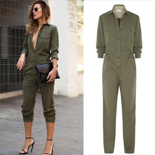 Women V-neck Turn-Down Collar Jumpsuit Lady Romper Office Long Sleeve Jumpsuit Autumn Casual Button Overall Pencil Pants