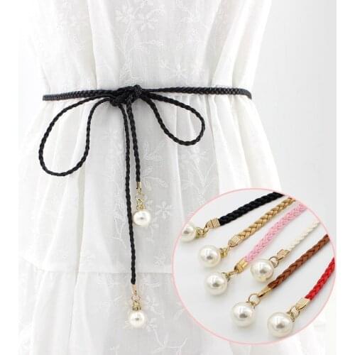 Women Belt Style Candy Color Waist Chain Hemp Rope Braided Big Pearl Dress Belt Casual Thin Belt For Dress Candy Color Women