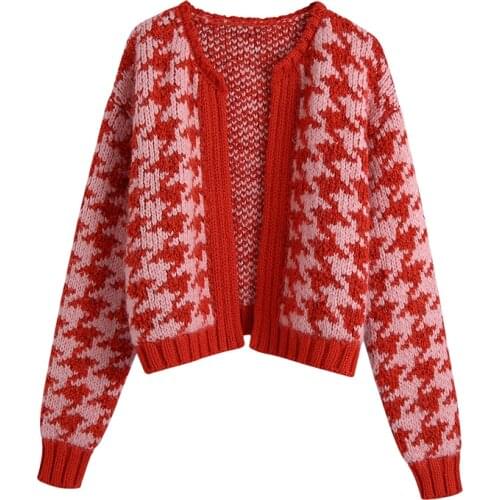 Women 2021 Fashion houndstooth open knit cardigan Sweater Vintage round collar Long Sleeve Female Outerwear Chic Tops