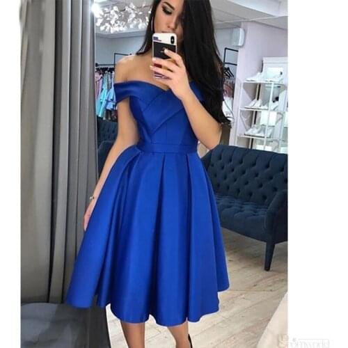 V-Neck Off The Shoulder Royal Blue Knee Length Graduation Homecoming Dresses With Ruched Satin Dress Prom Party Gowns 2020