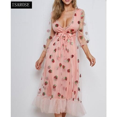 ISAROSE 2021 Women Strawberry Dress Embroidery Sequins Fruit Pink Black White Mesh Long Sleeve V Neck Sweet Dress Drop Shipping